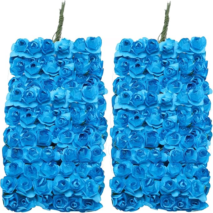 144pcs Mulberry Paper Mini Roses Artificial Flowers Heads with Stems for DIY Crafts Accessories Make Bridal Hair Clips Headbands Dress Wedding Bridal Bouquet Home Decor Valentine's (Turquoise Blue)