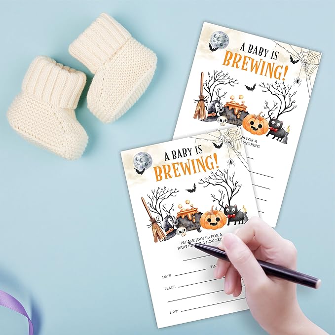 25 Halloween Baby Shower Invitation Cards, A Baby Is Brewing, Watercolor Pumpkin & Boo Baby Shower Invites With Envelopes, Gender Reveal, Baby Announcement Party Favor & Supplies (A10)