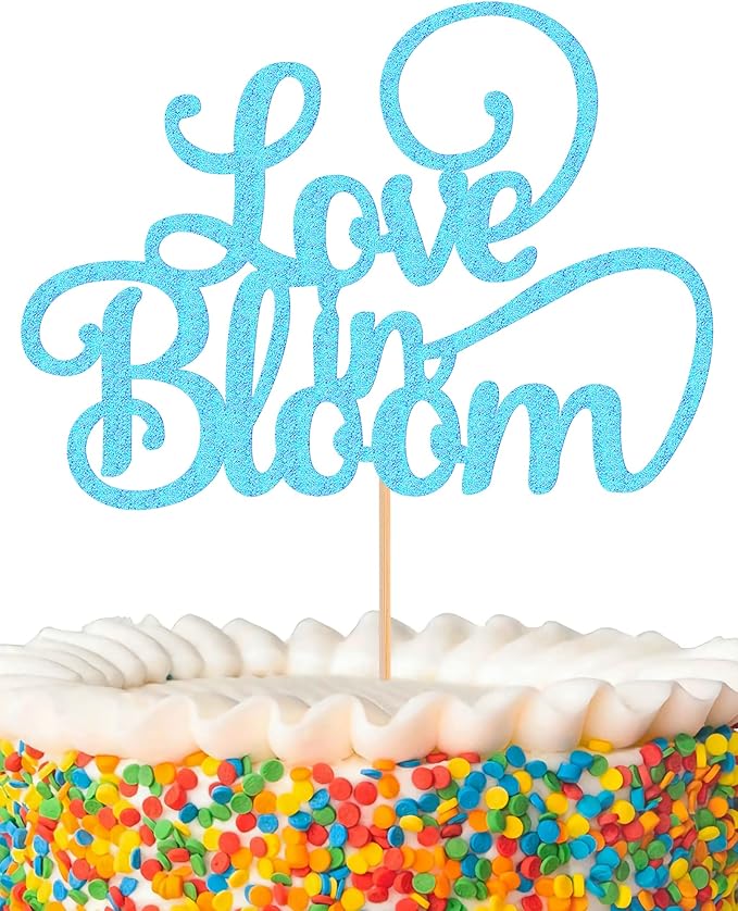 Love in Bloom Cake Topper - Glitter Light Blue Bridal Shower Cake Decoration, Wedding & Engagement Cake Pick (Light Blue)