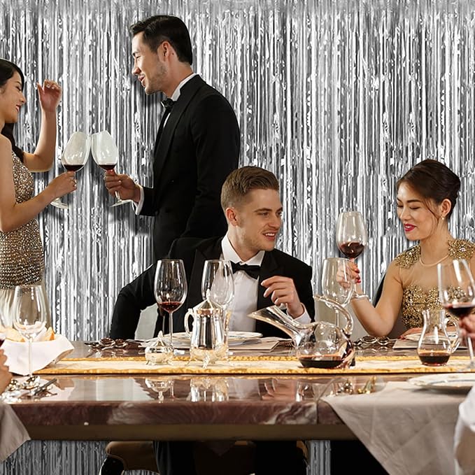 3 Pack Silver Foil Fringe Backdrop Curtains Party Streamers Metallic Tinsel Birthday Backdrop Christmas Bachelorette New Year Engagement Graduation Disco Party Decorations Glitter Backdrop