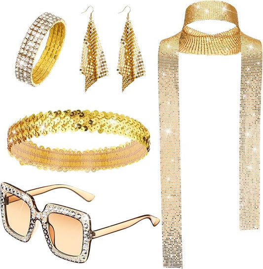 Sasylvia 5 Pcs 70s Disco Accessories Halloween Women Costume Jewelry Sequin Scarf Earrings Sunglasses Bracelet Headband