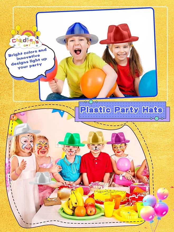18 Pack Plastic Gangster Hats Colorful Party Hats Metallic Fedora Party Hat for Adult Kids Birthday New Year Celebration Party Supplies, 6 Colors