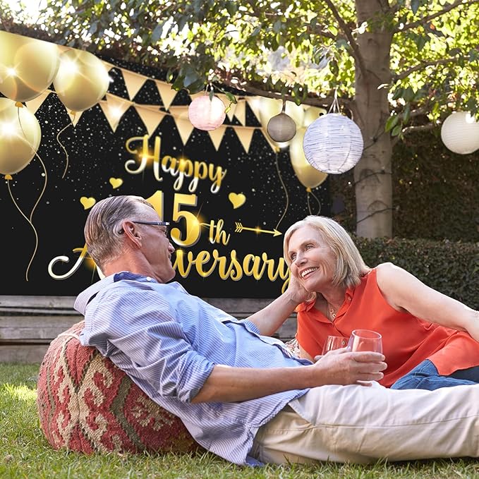 HAMIGAR 6x4ft Happy 15th Anniversary Banner Backdrop - 15 Wedding Anniversary Decorations Party Supplies - Black Gold