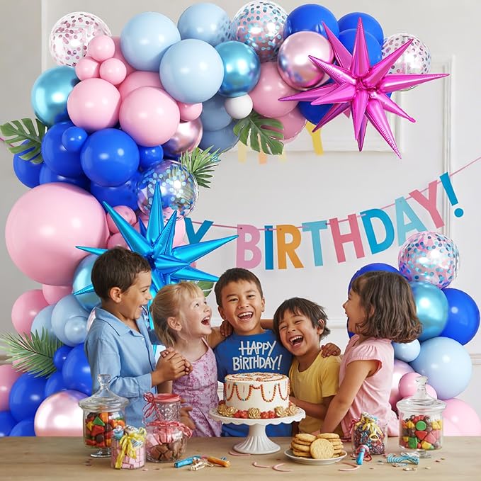 Royal Blue and Pink Balloons Arch 118pcs Pastel Blue Light Pink Balloons Garland Metallic Confetti Latex Balloon Explosion Star Foil Summer Hawaii Birthday Party Decorations Gender Reveal Baby Shower