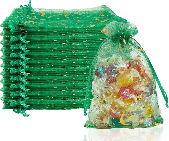 Moon Star Organza Bags 4x6 Small Mesh Bag Drawstring 50 Pcs Mesh Gift Bags Drawstring Pouch Wedding Favor Bags Jewelry Pouches Bulk Gift Pouch for Candy Soaps Birthday Festival Party Supplies, Green