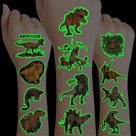 96 PCS Dinosaur 3D Pre-Cut Luminous Glow in the dark Temporary Tattoos for Kids | Super Cute Themed Birthday Party Favors, Supplies, Decorations, Funny Jungle Fake Tattoo Stickers Gifts for Boys Girls