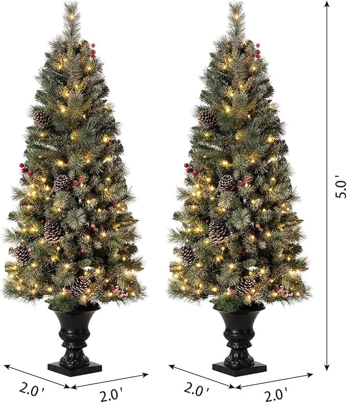 Glitzhome 5ft Prelit Christmas Tree Set of 2, Artificial Flocked Christmas Porch Tree with Lights, 372 PVC & Pine Needle Tips, Red Berries&Pine Cones, Potted Christmas Tree for Enrance Porch Decor
