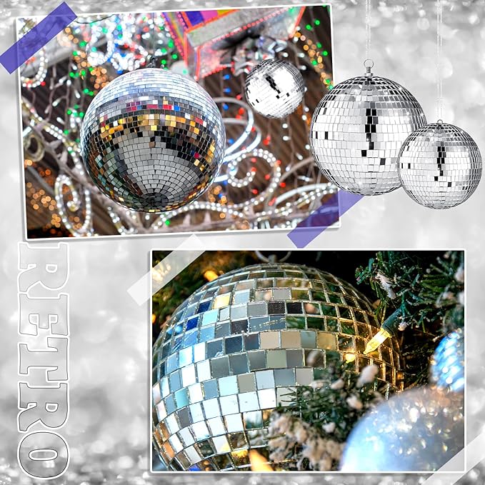 Haull 8 Pcs Large Disco Ball Set Silver Mirror Disco Reflective Ball with Hanging Ring Party Ornament Decoration for Stage Club Ballroom Dance Hall Wedding Prom Props(8'', 6'')
