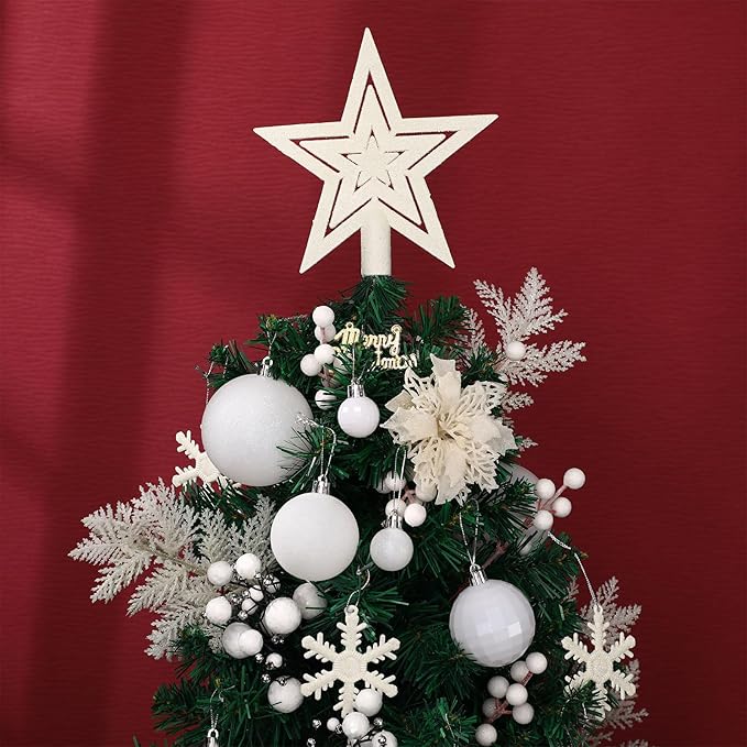 Sratte 94 Pcs Christmas Tree Decorations Set, Christmas Tree Ball Ornaments Glitter Poinsettia Flowers Decorations Glitter Berries Stems for Xmas Holiday Wedding(White)