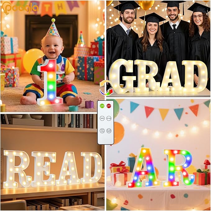 Pooqla LED Light Up Letters, Warm White and Colorful Lighted Marquee Letters with Remote, Lighted Letter for Party Birthday Decorations, Gift for Girls Boys Night Light, Wedding Home Decor, Letter E