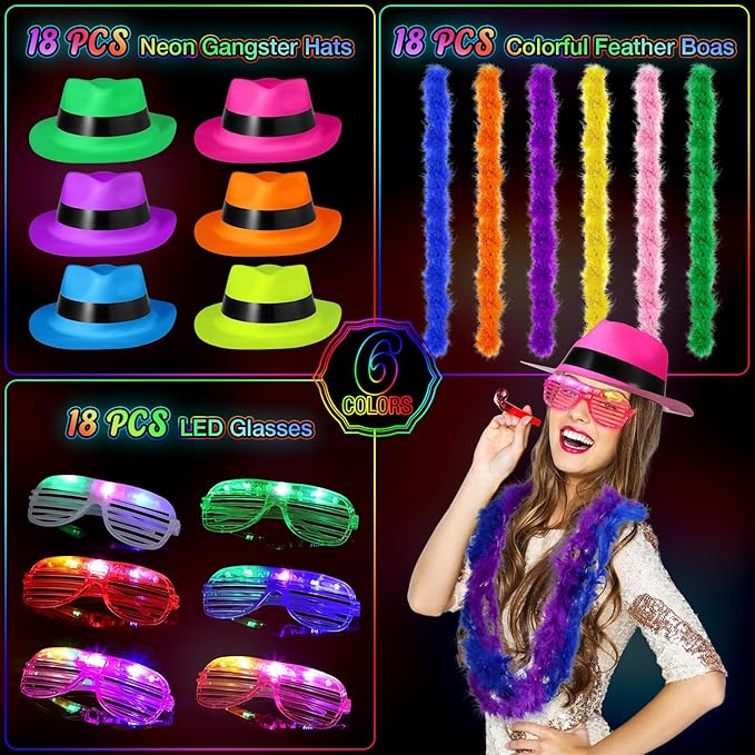 54 Pieces Neon Party Supplies Glow in The Dark Parties Supplies 18 Pcs Neon Gangster Party Hats 18 Pcs Light up Glasses with Colorful Feather Boas for Christmas 80's Raves Carnival Hora Loca Parties