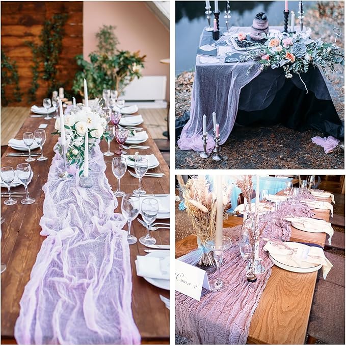 6 Pack Lavender Cheesecloth Table Runner 10FT Boho Gauze Fabric Table Runner 35 x 120 Inch Rustic Sheer Runner for Centerpiece Wedding Decor Baby Shower Party Boho Table Decoration