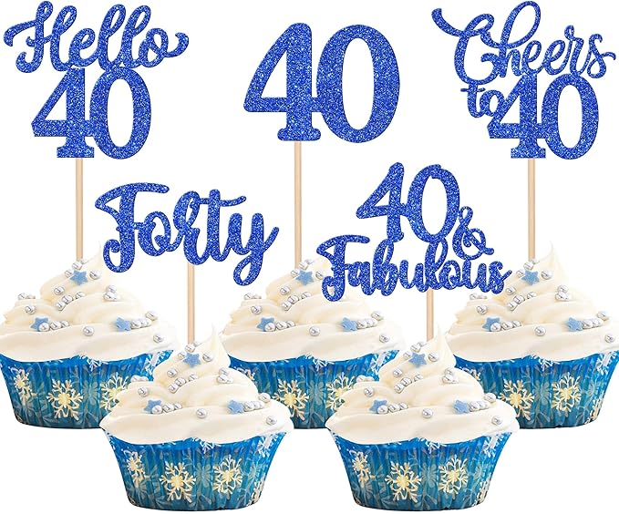 30PCS Happy 40th Birthday Cupcake Toppers Glitter Hello 40 Fabulous Forty Cheers to 40 Years Old Birthday Cupcake Picks for Happy 40th Birthday Anniversary Party Cake Decorations Supplies Blue