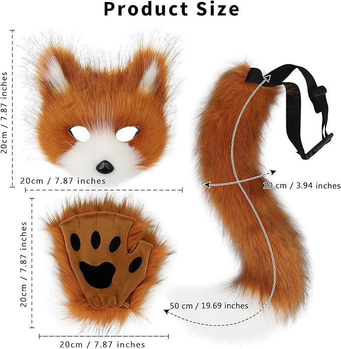 HAOAN Furry Fox Mask Wolf Fox Tail and Paw Gloves Set Adult Cat Halloween Mask Cosplay Animal Party Costume