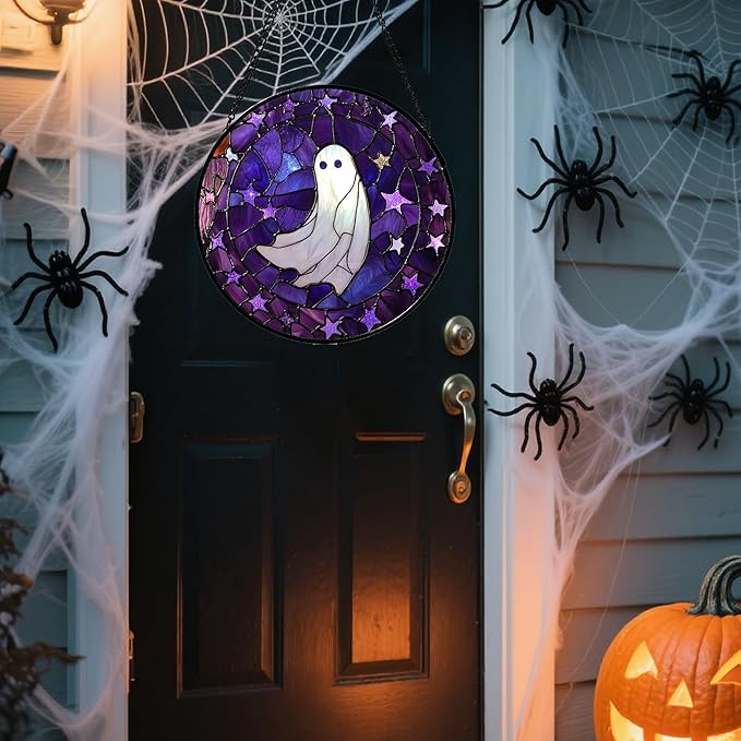 Stained Glass Window Hanging - Halloween Decoration Purple Star White Ghost Suncatcher for Doors Garden Indoor Spooky Sun Catchers Gothic Decor Horror Gifts for Women Men Friend 6.3 in
