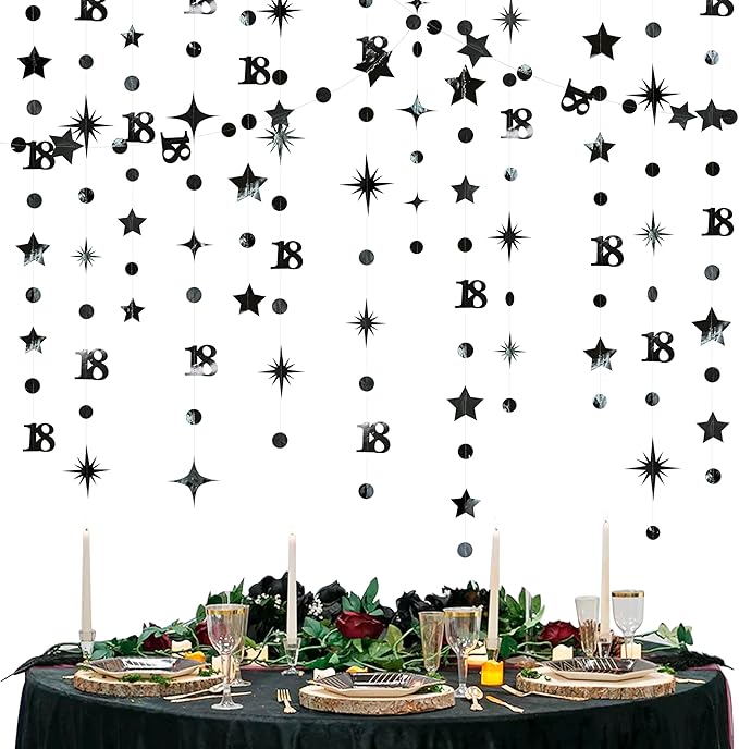 Black 18th Birthday Decorations Number 18 Circle Dot Twinkle Star Garland Metallic Streamer Banner Backdrop for Girls Boys Happy 18th Birthday Time to Adult Cheers to 18 Years Old Anniversary Party