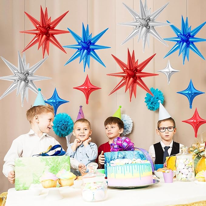 18 Pcs Blue Red Star Balloons, Silver Red and Blue Balloon with 6 Pcs 22-Inch Explosion Star Balloons 12Pcs 10-Inch Four Pointed Stars Foil Balloon for Graduation Baby Shower Birthday Party Decor