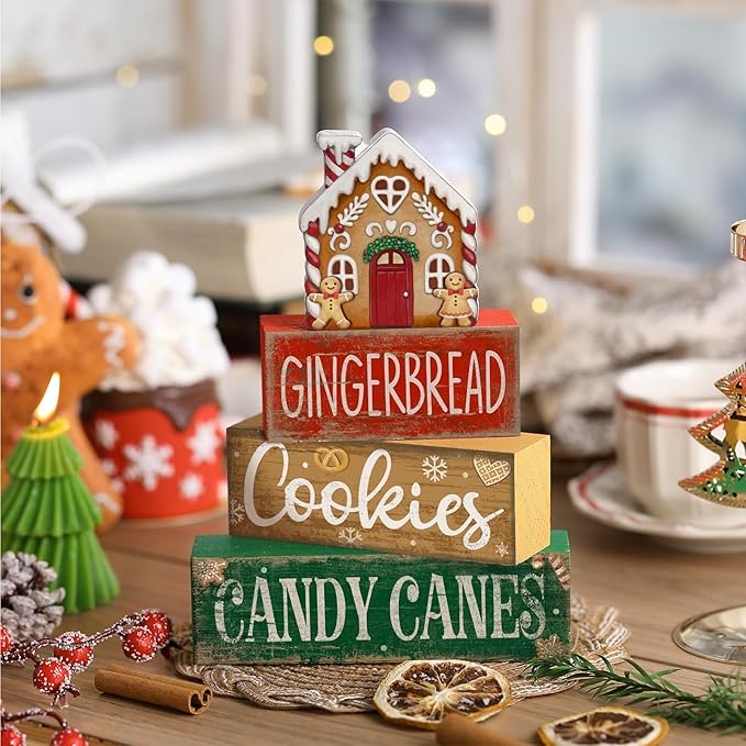 4 Pcs Christmas Table Decoration Wooden Gingerbread House Tiered Tray Decor Wood Rustic Gingerbread Block Signs Christmas Centerpiece Farmhouse for Home Tabletop Kitchen Shelf Party Gift