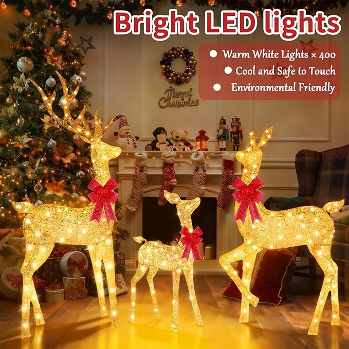 3-Piece Reindeer Outdoor Christmas Decoration, 6.7FT Large Lighted Christmas Deer Family Set, Outdoor Reindeer Xmas Decorations Yard with 400 LED Lights, Stakes, Zip Ties - Gradient Gold