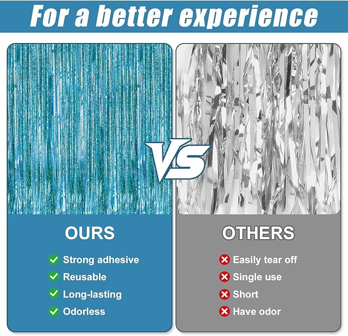 Crosize 3 Pack 3.3 x 9.9 ft Laser Blue Foil Fringe Curtains Party Decorations, Laser Blue Tinsel Curtain Backdrop for Parties, Door Streamers, Glitter Streamer Backdrop for Birthday Decoration