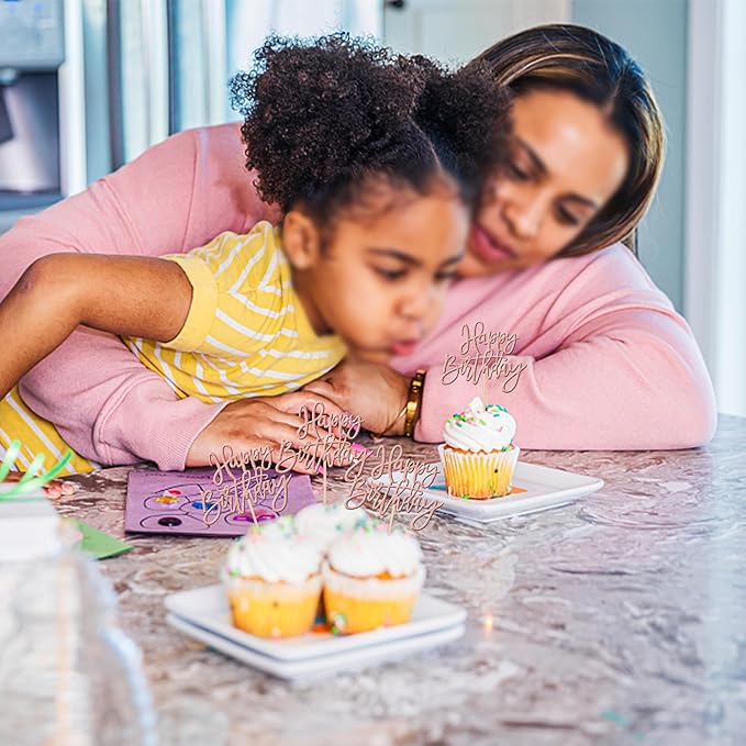 24 PCS Happy Birthday Cupcake Toppers Glitter Picks for Celebrating Anniversary Theme Party Cake Decorations Supplies Rose Gold