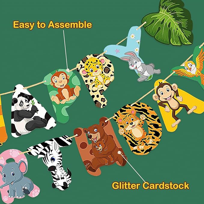 Safari Animal Birthday Banner, Jungle Theme Party Decorations, Zoo Party Supplies for Kids