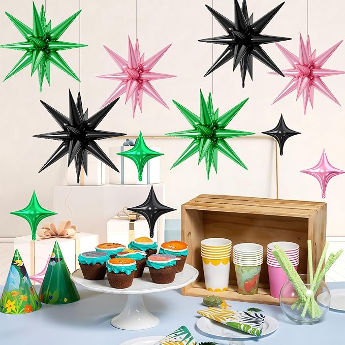 18 Pcs Pink Green Star Balloons, Black Green Pink Balloon with 6 Pcs 22-Inch Explosion Star Balloons 12Pcs 10-Inch Four Pointed Stars Foil Balloon for Wedding Forest Spring Birthday Party Decor