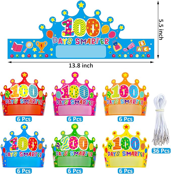 36 Pack 100 Days Paper Crowns Happy 100th Day of School Party Hats 100 Days Celebration Classroom Party Supplies