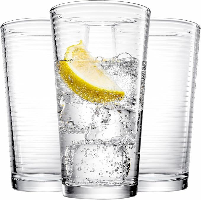 Glaver's Drinking Glasses Set of 10 Highball Glass Cups, Premium Quality 17 Oz. Coolers, Ribbed Glassware. Ideal for Water, Juice, Cocktails, and Iced Tea. Dishwasher Safe.