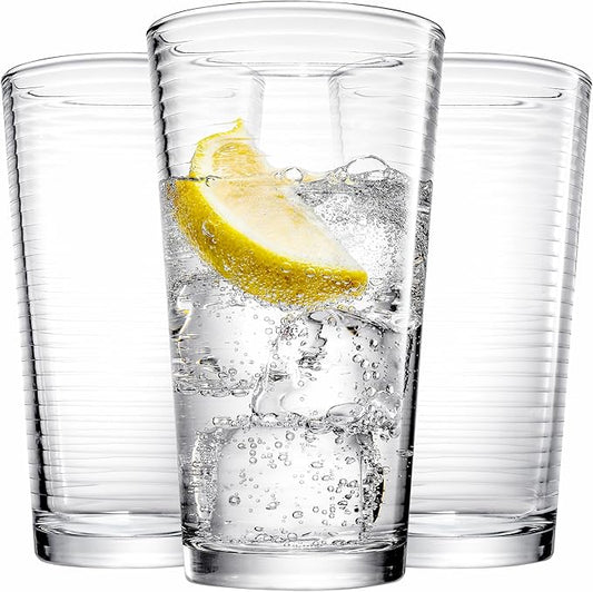 Glaver's Drinking Glasses Set of 10 Highball Glass Cups, Premium Quality 17 Oz. Coolers, Ribbed Glassware. Ideal for Water, Juice, Cocktails, and Iced Tea. Dishwasher Safe.