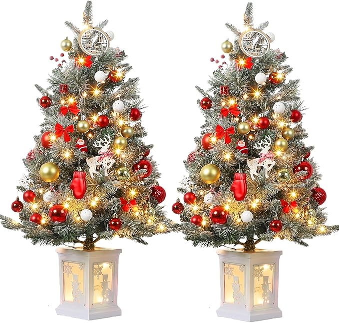 GarveeHome 3FT Prelit Christmas Tree with 78 Warm Lights & Red Berry, Artificial Xmas Trees with Snowman Light Box Base, for Home, Office, Fireside Christmas Decoration, Set of 2