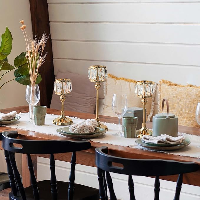 Crystal Tealight Candle Holders Set of 6 (9''/11''/13'') - Elegant Metal & Glass Centerpieces for Stunning Home Decor (Gold)