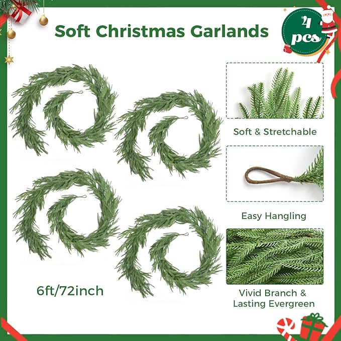 6 FT 4Pcs Christmas Norfolk Pine Garlands, Real Touch Pine Garland, Winter Artificial Greenery Xmas Garland for Holiday, Table, Wall, Fireplace, Mantel, Indoor & Outdoor Decoration (4 Pack, 6 FT)