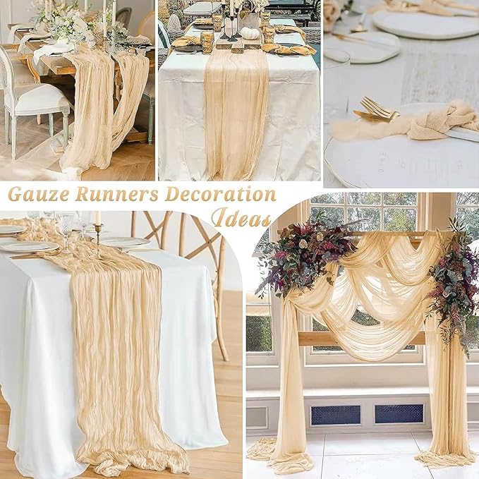 24 Pack Cheesecloth Table Runner, 35x120 Inch Boho Gauze Beige Table Runner 10ft Rustic Sheer Cheese Cloth Table Decor for Wedding Baby Bridal Shower Birthday Party Table Decoration