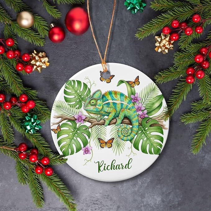 Chameleon Ceramic Ornament Christmas 2025, Personalized Choose Name Chameleon Lover Ornament, Reptile Hanging Xmas Tree Keepsake, Custom Animal Decoration, Chameleons Animal Ornaments with Nature