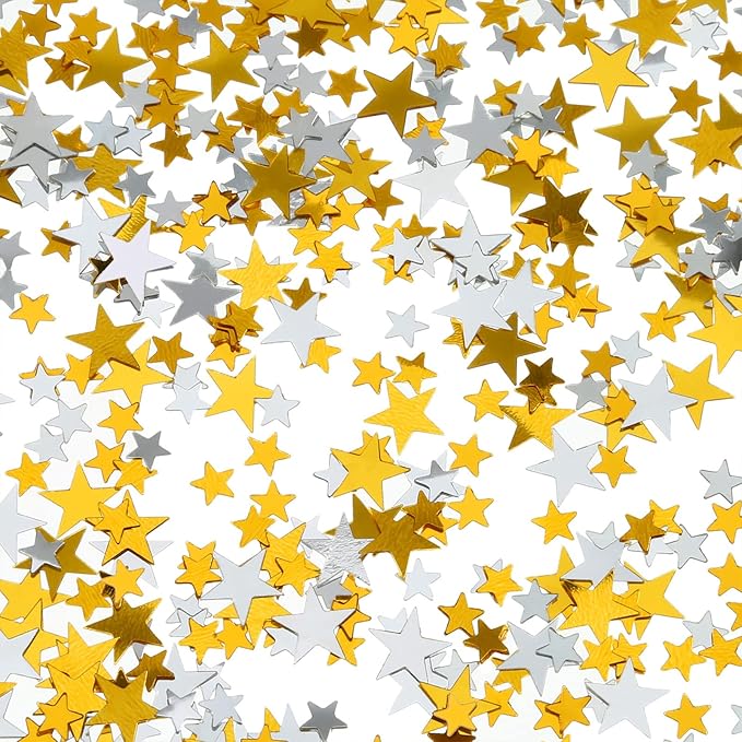Hestya 60g Star Confetti Glitter Table Confetti Metallic Foil Stars for Christmas Party Wedding Festival Decorations(Gold Silver 60g,10mm and 6mm)