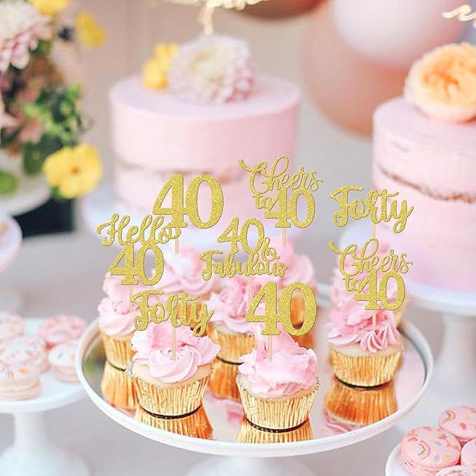 30PCS Happy 40th Birthday Cupcake Toppers Glitter Hello 40 Fabulous Forty Cheers to 40 Years Old Birthday Cupcake Picks for Happy 40th Birthday Anniversary Party Cake Decorations Supplies Gold