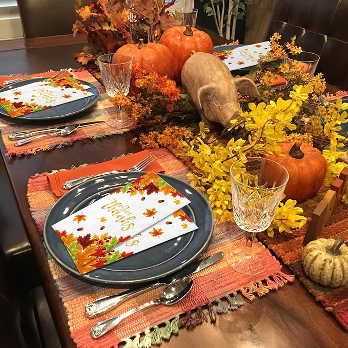 100Pcs Thanksgiving Napkins 3-Ply Disposable Fall Guest Paper Napkins for Thanksgiving Harvest Holiday Party,Give Thanks Autumn Maple Leaves Hand Paper Towels for Bathroom Kitchen Dinner Home Supplies