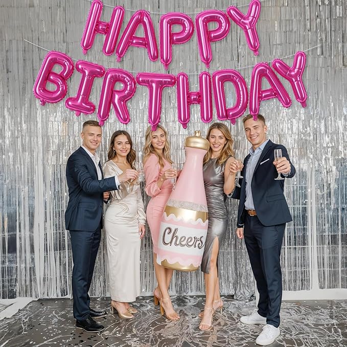 Happy Birthday Balloon Banner - 16 Inch Hot Pink Foil Mylar Sign Bunting Self Inflating Letter Balloons for Girls Women Party Decorations Supplies