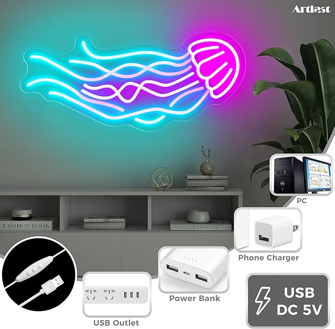 Jellyfish Neon Sign LED Ocean Neon Light for Bar Bedroom Party Dorm Wall Decor USB Pink Jelly Fish Night Light Kids Gifts