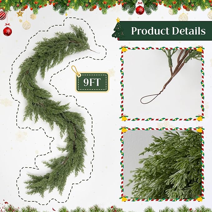 9FT Christmas Garland, Artificial Pine Needle Cypress Garlands, Realistic Pine Cypress for Decoration Christmas Table Mantle Wall Room Outdoor Indoor Holiday Winter Decor