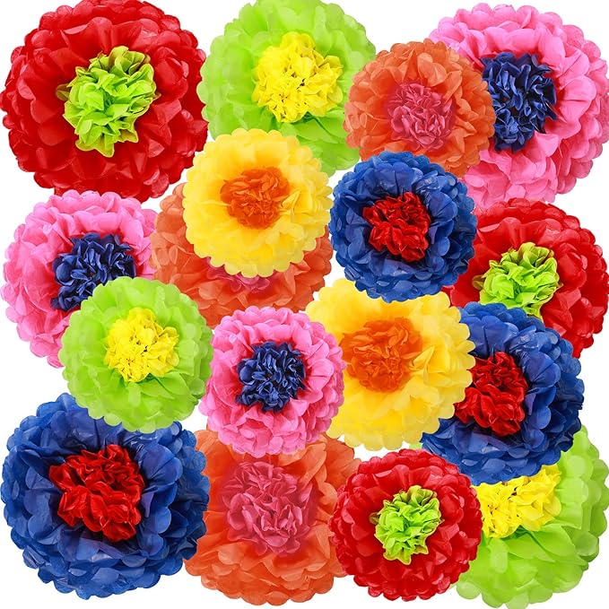 Tallew 18 Pieces Mexican Paper Tissue Flowers Colorful Fiesta Paper Flowers for Mexican Spring Floral Party Backdrop Baby Shower Wedding Birthday Party Craft for Wall
