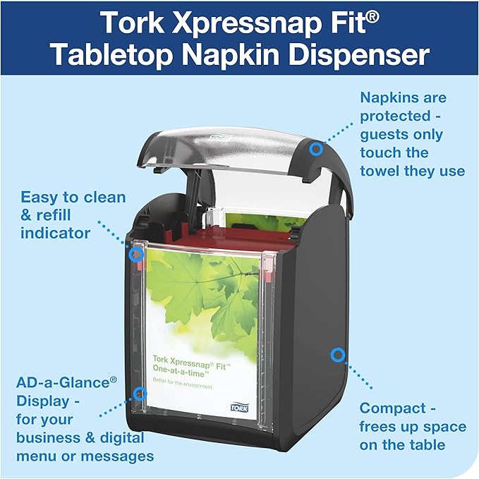 Tork Xpressnap Fit Tabletop Napkin Dispenser Black N14, Signature Range, One-at-a-time Dispensing, 6.7" x 4.4" x 5.6", 7232001