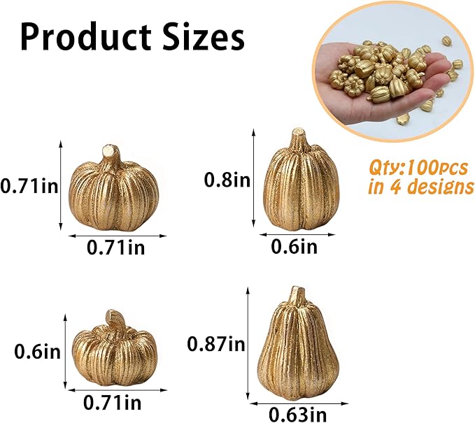 100Pcs Mini Pumpkins for Crafts, Small Pumpkin in Bulk, Gold Decorative Pumpkins, Artificial Tiny Resin Miniature Pumpkin for Decorating, Home Decor, Fall, Thanksgiving, Halloween