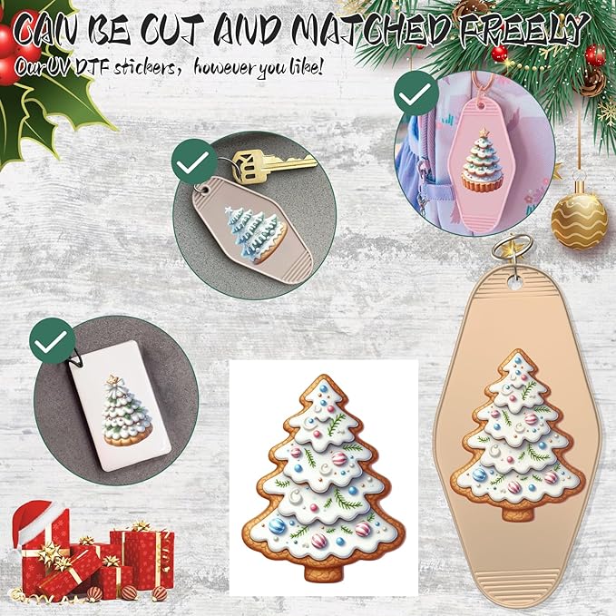 UV DTF Keychain Sticker,48 Sheets Gingerbread Christmas Tree Personalized Transfer Stickers, Suitable for School Teacher, Hotel Keychains