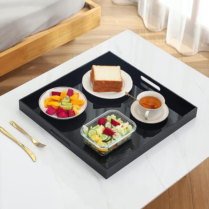 Black King Size Large Acrylic Serving Tray for bed-24x24 Inch -Spill Proof- Decorative Trays Countertop Organizer for Ottoman,Nightstand, Sidetable, Butler (24X24 Inch, Black)