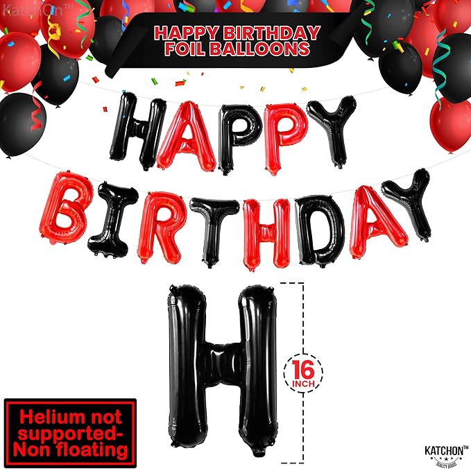 KatchOn, Black and Red Happy Birthday Banner Balloons - 16 Inch | Red and Black Birthday Decorations | Happy Birthday Balloons Letters | Halloween Birthday Party Decorations