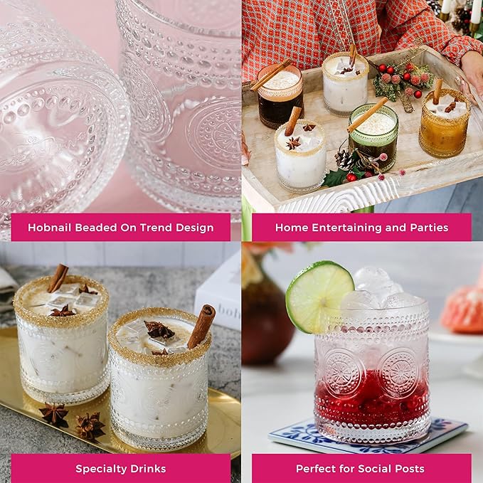Kate Aspen Hobnail Beaded Floral Clear Drinking Glasses Set of 6, (10 oz) Vintage Glassware Cocktail Glass Set, Juice Glass, Water Cups | Great Hostess Gift & Gift for New Home Owners (Pack of 4)