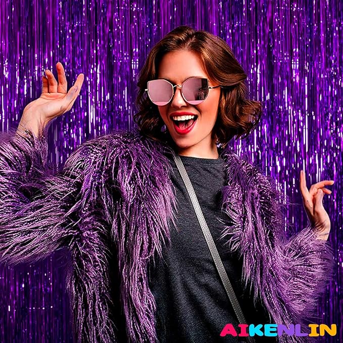 4 Pack Purple Foil Fringe Curtain Backdrop, 3.2Ft x 9.8Ft Metallic Tinsel Foil Fringe Streamers Curtains for Party, Photo Booth Props, Birthday, Wedding, Christmas Party Decoration Supplies