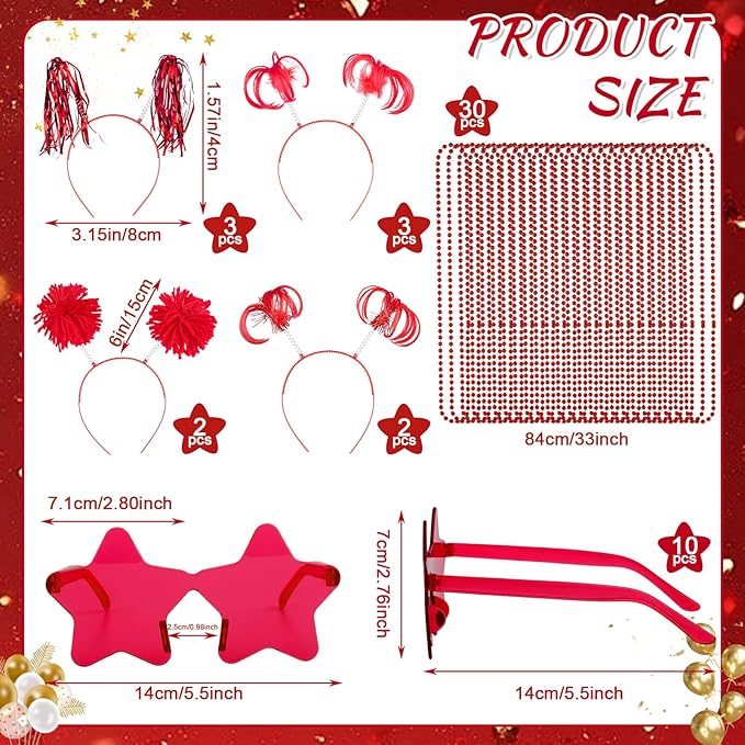 50 Pcs Red Holiday Team Spirit Party Accessories Pom Pom Party Headbands Star Shape Sunglasses Bead Necklaces Stuff Favors for Birthday Wedding Supplies(Classic)
